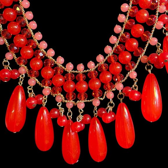 Bold Red & Pink Beaded Statement Necklace - Gold-Tone Chain, Teardrop Dangles - Picture 5 of 7